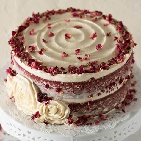 This Red Velvet Cake Recipe is a tall, dramatic, 2-tiered cake recipe that uses red cocoa, espresso powder, and is topped with a delicious cream cheese frosting. This cake is festive, attractive and perfect for year-round celebrations, birthdays and gatherings! #redvelvet #cake #recipe #creamcheese #frosting #roses #rosecake #nakedcake Red Velvet Cake Decoration, Vegan Red Velvet Cake, Red Velvet Cake Roll, Southern Red Velvet Cake, Red Velvet Cheesecake Cake, Red Velvet Birthday Cake, Red Velvet Cheesecake Brownies, Red Velvet Bundt Cake, Red Velvet Desserts