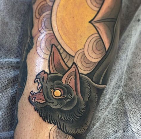 Neo Traditional Bat Tattoo Design, Neotrad Bat Tattoo, Neo Trad Bat Tattoo, Japanese Bat Tattoo, Neotraditional Bat Tattoo, Neo Traditional Bat Tattoo, Bat Leg Tattoo, Bat Traditional Tattoo, Trad Bat Tattoo