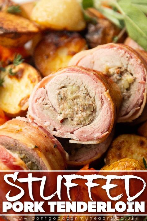 Tenderloin Wrapped In Bacon, Fillet Recipes, Roast Dinner Recipes, Apple Stuffing, Loin Recipes, Apple Pork Tenderloin, Bacon Wrapped Pork Tenderloin, Bacon Wrapped Pork, Roasted Pork Tenderloins