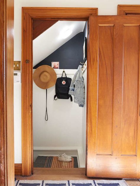 Stairwell Mudroom Stairway Makeover, 1920 Bungalow, Basement Stairway, Entryway Closet, Built In Cabinet, Young House Love, Basement Stairs, Big Kitchen, Entryway Organization