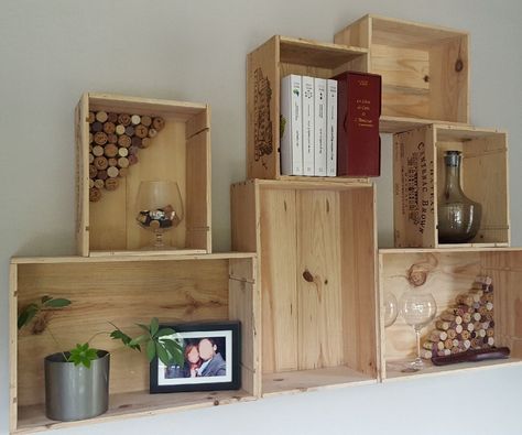 Wine Box Shelves, Wine Box Diy, Wood Box Shelves, Wine Box Crafts, Wooden Wine Crates, Crate Crafts, Wood Wine Box, Wood Burning Kits, Wooden Wine Boxes