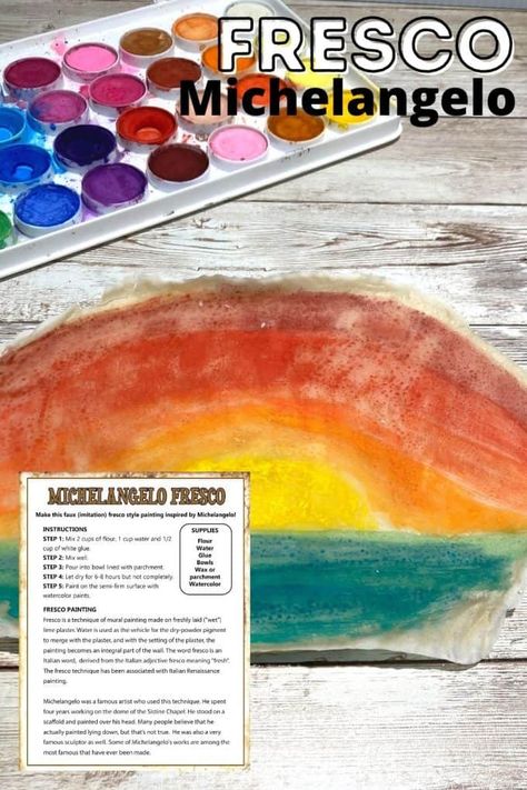 Michelangelo Fresco Painting For Kids | Little Bins for Little Hands Michelangelo Preschool Art, Michelangelo Art Projects For Kids, Artist Inspired Art For Kids, Italy Activities For Kids, Artist Inspired Art, Altar Diy, Famous Artists For Kids, Michelangelo Paintings, European Artists