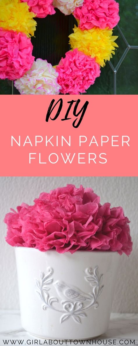 Flower making with napkins! Wreaths & garlands. - Girl about townhouse Making Napkins, Garlands Flower, Hanging Paper Flowers, Making Wreaths, Paper Flowers Diy Easy, Flower Backdrop Wedding, Make Paper Flowers, Diy Napkins, Easy Paper Flowers