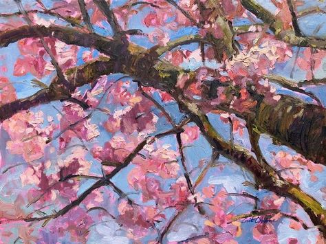 Spring Sky Painting, Flower Sky Painting, Cherry Blossom Tree Reference, Sakura Landscape Painting, Blossom Trees Painting, Tree With Flowers Painting, Opposites Painting, Paintings Cherry Blossoms, Tree Blossom Painting