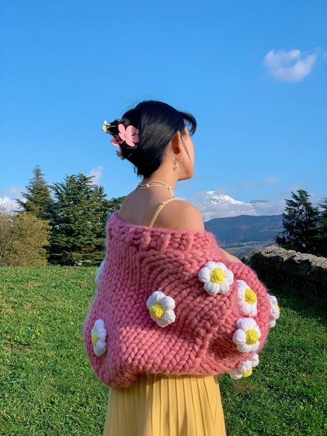 Buy Heyays Pink Daisy Knit Cardigan Handmade Merino Wool Fluffy Flowers Floral Cardigan Winter Cottagecore Valentine's Day Gifts Online in India - Etsy Winter Sweaters For Women, Daisy Cardigan, Fluffy Flowers, Winter Cottagecore, Cardigan Handmade, Bright Sweater, Cardigan Winter, Winter Set, Sweater Trends