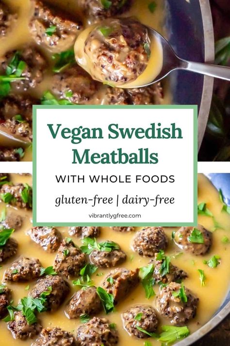 Flavorful Vegan Swedish Meatballs with a meat-y texture and 8 ingredients plus common spices! Ready in 40 minutes. Gluten-free. #vegan #glutenfree #christmasrecipes #meatballs via @vibrantlygfree Vegan Swedish Meatballs, Vegan Oil Free, Sunflower Seed Butter, Vegan Gravy, Swedish Meatballs, Oil Free Vegan, Seed Butter, Sunflower Seed, Gluten Free Dairy Free