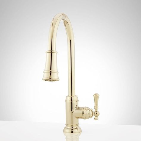 Signature Hardware 448174 Amberley 1.8 GPM Single Hole Pull Down Kitchen Faucet - Amazon.com Brass Faucet Kitchen, Brushed Gold Kitchen Faucet, Gold Kitchen Faucet, Single Hole Kitchen Faucet, Colonial Kitchen, Pull Down Kitchen Faucet, Faucet Kitchen, Brass Kitchen Faucet, Brass Sink