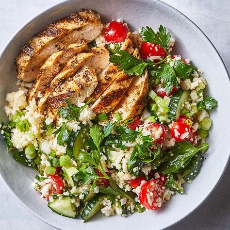 Spiced Grilled Chicken with Cauliflower "Rice" Tabbouleh Recipe | EatingWell Anti Inflammation Recipes, Grill Time, Mediterranean Chicken, Baby Summer, Dinner Plan, Mediterranean Diet Recipes, Heart Healthy Recipes, Cauliflower Rice, Extra Virgin