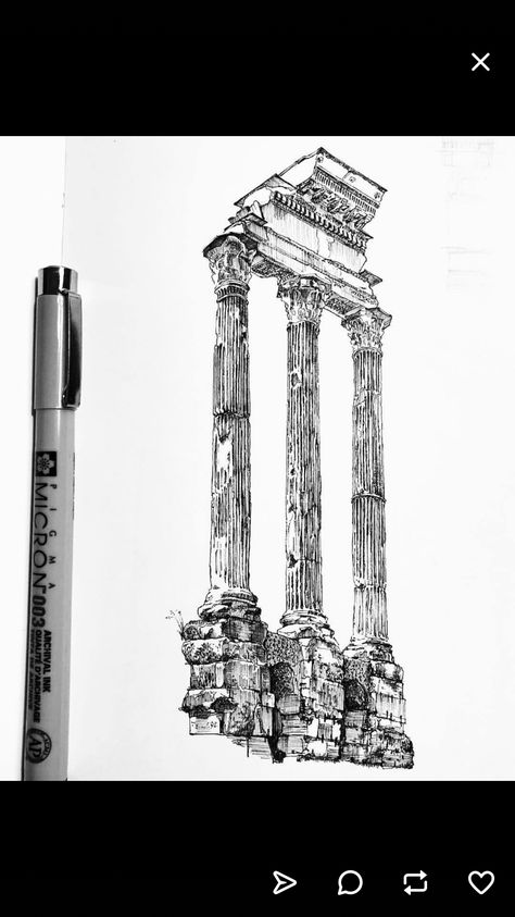 Roman Ruins Tattoo, Ancient Architecture Sketch, Greek Building Tattoo, Tattoo Prompts, Ancient Rome Aesthetic, Tattoos Architecture, Rome Architecture, Temple Tattoo, Temple Drawing