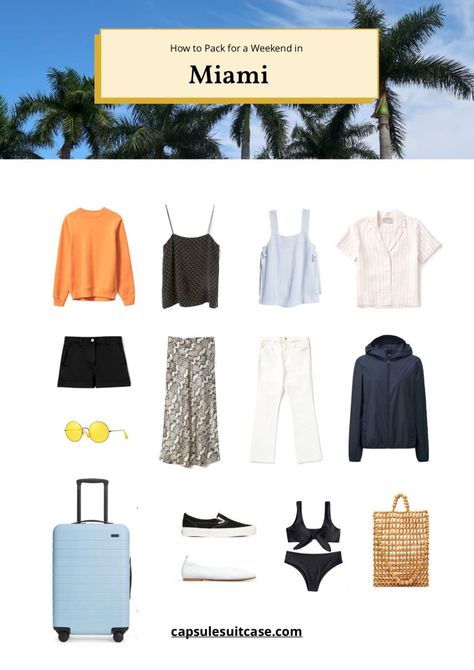 Florida Weekend Packing List, Miami Capsule Wardrobe, Miami Weekend Outfits, Miami Packing List, Weekend Trip Outfits, Spring Travel Capsule, Beach Capsule, Miami Weekend, Men's Capsule Wardrobe