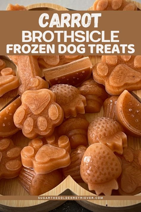 Easy Frozen Dog Treat Recipes, Bone Broth Frozen Dog Treats, Beef Broth Dog Treats, Homemade Dog Popsicles, Carrot Bone Broth Dog Treat, Dog Freezer Treats, Frozen Puppy Teething Treats, High Protein Dog Treats, Frozen Carrots For Dogs