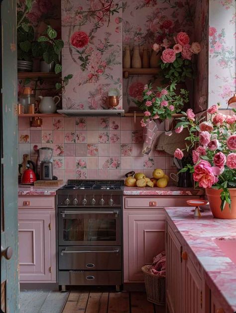 Authentic Cottagecore Kitchen Ideas to Feel Like Cooking in an Enchanted Story - The Mood Guide Retro Pink Kitchens, Cottagecore Kitchen, Kitschy Kitchen, Playful Decor, Boho Kitchen, Backsplash Ideas, Pink Kitchen, Decoration Inspiration, Classic Furniture