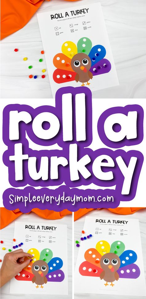 Pin The Turkey Game, Roll A Turkey Dice Game Free Printable, Roll A Turkey Dice Game, Roll A Turkey, Thanksgiving Unit Study, Turkey Printable, Turkey Games, Turkey Activity, Thanksgiving Books