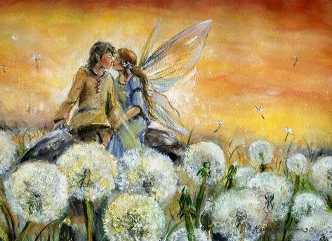 Fairies In Love, Fairy Romance, Fairy Couple Art, Fairy Romance Art, Fairy Dance Painting, Fairy Holding Flower, Old Fairy Illustration, Fairy Sleeping In Flower, Fairies Flying