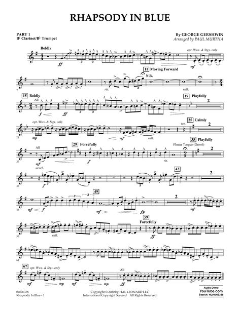 Download George Gershwin Rhapsody in Blue (arr. Paul Murtha) - Pt.1 - Bb Clarinet/Bb Trumpet sheet music notes that was written for Concert Band: Flex-Band and includes 2 page(s). Printable Jazz PDF score is easy to learn to play. Learn more about the conductor of the song and Concert Band: Flex-Band music notes score you can easily download and has been arranged for. The number (SKU) in the catalogue is Jazz and code 438107. The CBFLEX George Gershwin sheet music Minimum required purchase quant Clarinet Notes, Bb Clarinet Sheet Music, Sheet Music With Letters, Shawn Mendes Songs, George Gershwin, Jazz Trumpet, Trumpet Sheet Music, Trumpet Music, Clarinet Music