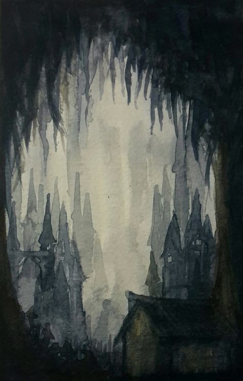 moody watercolor postcard Watercolor Alternative Art, Gloomy Watercolor Paintings, Eerie Painting Ideas, Goth Watercolor Art, Watercolor Paintings Grunge, Emo Watercolor Paintings, Gothic Watercolor Art, Goth Watercolor Paintings, Dark Moody Artwork