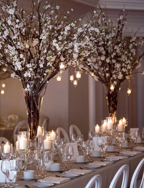 The Perfect Flowers for your Winter Wedding – Pentney Abbey Amazing Wedding Centerpieces, Branch Centerpieces Wedding, Cold Wedding, Winter Wedding Table, Branch Centerpieces, Winter Wedding Centerpieces, Wedding Branches, White Blossom, Winter Wedding Decorations