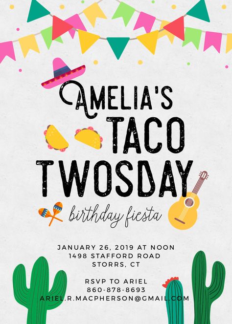 Taco Twosday Invitation, Tacos Twosday Birthday, Two Fiesta Birthday Party, Taco 2sday Birthday Party, Taco Twosday Birthday Boy, Taco Twosday Birthday Girl, Taco Twosday Birthday, Taco Twosday, 2nd Birthday Party For Girl