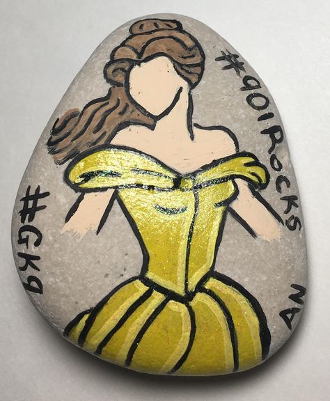 Disney Princess Belle Beauty and the Beast painted rock Beauty And The Beast Paintings, Disney Painted Rocks Ideas, Disney Painted Rocks, Easy Beauty And The Beast Painting, Disney Rock Painting Ideas, Beauty And The Beast Painting Easy Canvas, Disney Painted Rocks Easy, Disney Princess Rock Painting, Beauty And The Beast Painted Rocks