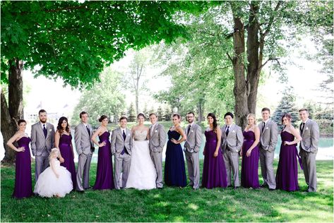 Plum Navy And Grey Wedding, Purple Gray Wedding, Dark Grey Groomsmen, Purple And Gray Wedding, Gray Wedding Party, Peacock Wedding Inspiration, Grey Groomsmen, Grey Wedding Theme, Lilac Bridesmaid