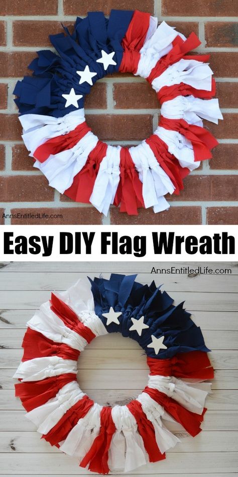 Dollar Tree Patriotic Crafts, Patriotic Flag Wreath, Patriotic Wreath Diy, Patriotic Crafts Diy, American Flag Crafts, Red White And Blue Wreath, Diy Flag, Diy Tablecloth, American Flag Wreath