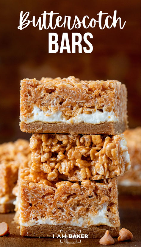 three bars are in a stack on a wooden countertop Bars Made With Rice Krispies, Rice Crispy Fall Treats, Butterscotch Rice Krispie Cookies, Coconut Butterscotch Bars, Layered Dessert Bars, Rice Crispy Treats Peanut Butter, Fancy Rice Crispy Treats, Butterscotch Chip Recipes, Butterscotch Marshmallow Squares