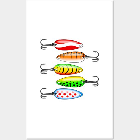 Simple cartoon of some assorted fishing lure spoons with treble or tri hooks -- Choose from our vast selection of art prints and posters to match with your desired size to make the perfect print or poster. Pick your favorite: Movies, TV Shows, Art, and so much more! Available in mini, small, medium, large, and extra-large depending on the design. For men, women, and children. Perfect for decoration. Fish Lure Drawing, Fishing Lures Art, Fishing Painting, Fly Fishing Art, Fish Lure, Simple Cartoon, Fishing Lure, Fishing Lures, Fly Fishing