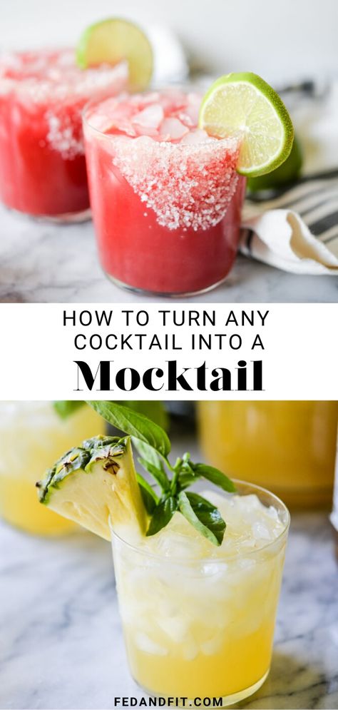 Need a fun, festive non-alcoholic drink? We’ve got you covered with this guide that’ll help you turn any cocktail recipe into a declicious mocktail! Nom Alcoholic Cocktails, Redbull Mock Tails, Non Alcoholic Cocktails Recipes, Nonalcoholic Cocktails, Cranberry Kombucha, Mocktail Drinks, Fed And Fit, Alcohol Free Drinks, Drink Recipes Nonalcoholic