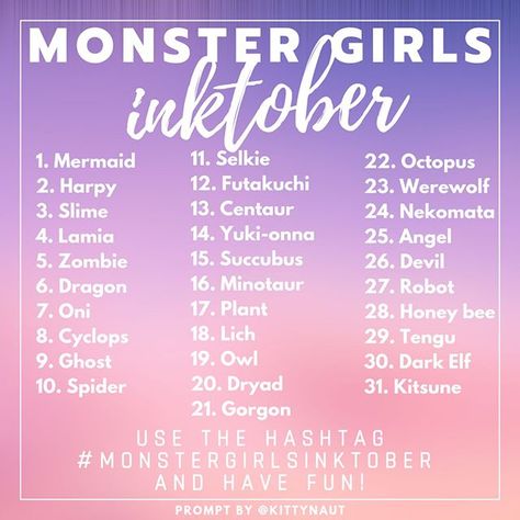 Are you ready for this? Here is a fun inktober or drawtober prompt: Monster girls!  There are all sorts of folklore and mythology… 30 Day Art Challenge, Art Journal Challenge, 30 Day Drawing Challenge, Creative Thinking Skills, April Art, Art Style Challenge, Drawing Ideas List, Drawing Prompts, Monster Girls