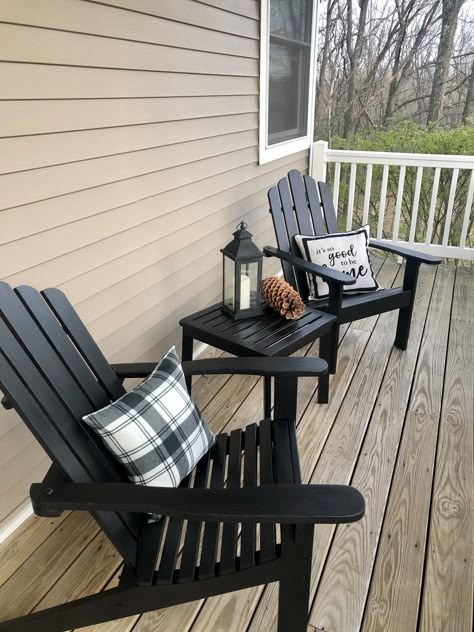 Front porch decor with Adirondack chairs painted black. Black Porch Furniture Ideas, Black Front Porch Decor, Front Porch Two Chairs, Outdoor Porch Seating Ideas, Adirondack Chair Decor, Black Adarondic Chairs, Front Porch Adirondack Chairs, Adirondack Chair Front Porch, Front Door Chair Ideas