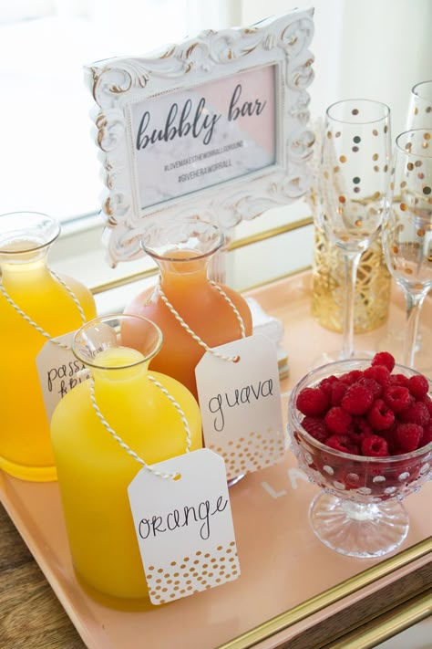 At Home Bridal Shower Decorations, Momosa Mimosa Bar, Bridal Shower Pink And Gold, Bridal Shower Bar, Mimosa Party, Bridal Shower Mimosa Bar, Bridal Shower Mimosa, Bridal Shower Drinks, Shower Bar