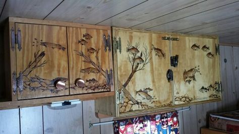 Wood burned cabinet doors for a fish house by Charles e. Wood Burned Cabinets, Pavilion Kitchen, Fish Wood Carving, Door Art, Fish House, Cabin Ideas, Kitchen Cabinet Design, Photo Craft, Wood Burning