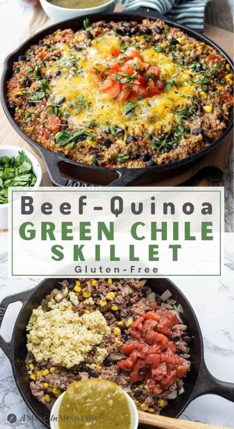 For an easy one-pot weeknight dinner, look no further than this Beef Green-Chile Quinoa Skillet. Combine ground beef and vegetables with leftover cooked quinoa and black beans, or cook them from dried, for a savory and naturally gluten-free meal. #onepanmexicanquinoa #quinoaenchiladacasserole #groundbeefandquinoarecipes #glutenfreemexicanquinoabake #texmexbeefquinoaskilletdinner #amealinmind #greenchile #beefchilecasserole #weeknightdinner Quinoa Enchilada Casserole, Quinoa And Black Beans, Quinoa Skillet, Green Chile Recipes, Green Chile Chicken Enchiladas, Skillet Dinner Recipes, Cooked Quinoa, Ground Beef Dishes, Sweet Potato Chili