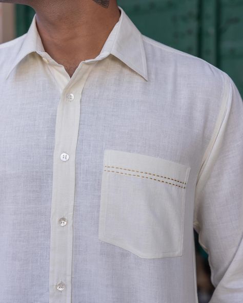 Nirvana Menswear Collection - New Arrivals! A classic white Khadi shirt is an essential for men who appreciate refined style and quality craftsmanship. Get that polished look in our KARAN FULL SLEEVE SHIRT, elevated with muted mustard detailing. [ Cottons Jaipur, Khadi, Block print, Menswear, Handmade khadi Shirts, Everyday-wear, Summer staples ] #cottons #cottonsjaipur #newarrivals #floral #summer #summer2024 #menswear #khadi #handspun #mensweardaily #blockprint handcraftedshirts #comf... Cottons Jaipur, Kurti Sleeves, Full Sleeve Shirt, Kurti Sleeves Design, Refined Style, Men Shirt, Menswear Collection, Summer Staples, Designer Clothes For Men