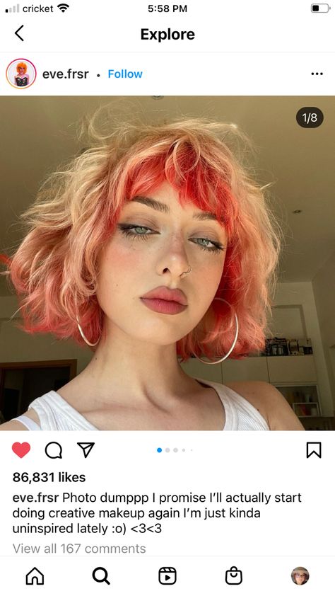 Fashion Color Hair Short, Dyed Bob With Bangs, Uncommon Hair Colors, Alt Aesthetic Hair, Whimsical Short Hair, Block Color Curly Hair, Red And Peach Hair, Short Ginger Hair With Blonde Streak, Blonde Hair Red Roots