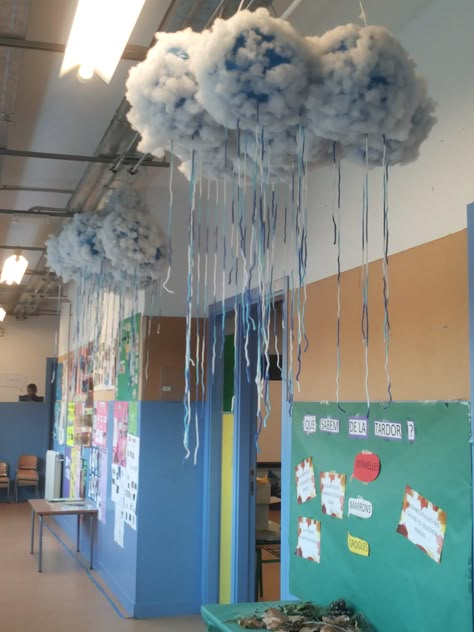 Rain Theme Decoration, Weather Theme Classroom Decorations, Weather Decorations For Classroom, Weather Classroom Decorations, Classroom Ceiling, Weather Display, Diy Playroom, Infant Classroom, Carnival Decorations