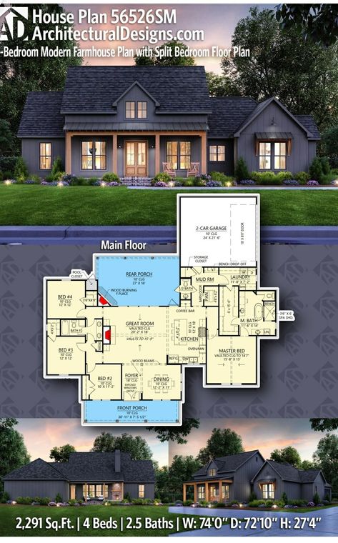 Bedroom Floor Plan, Exposed Rafters, Split Bedroom, Board And Batten Siding, Open Concept Layout, Beautiful Home Designs, Bedroom Floor Plans, Bedroom Floor, Farmhouse Plan