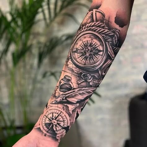 Treasure sign, compass men's forearms tattoo design ideas Tattoo Ideas For Men Forearm, Ship Tattoo Sleeves, Compass And Map Tattoo, Compass Tattoo Men, Nautical Tattoo Sleeve, Outer Forearm Tattoo, Inner Forearm Tattoo, Compass Tattoo Design, Map Tattoos