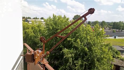 A DIY Balcony Crane Lifts Groceries For The Lazy But Patient | Hackaday Diy Crane Lift, Beam House, Crane Lift, Diy Balcony, Pulley System, Potential Energy, Balcony Railing, Brown Paint, Cleaning Ideas