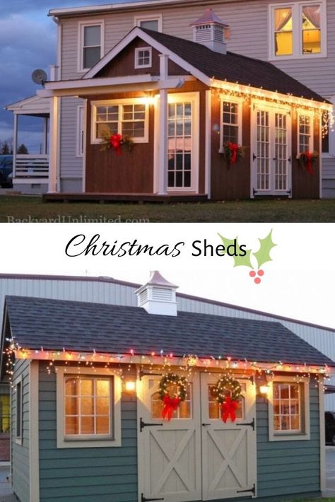 Two great ways to decorate your shed for the holidays! These festive Christmas sheds will make you feel like you stepped into a Christmas village and will put you in the holiday mood! Sheds Decorated For Christmas, Christmas Sheds Decorating Ideas, Shed Christmas Decorations, Christmas Shed Decor, She Shed Christmas Decorations, Christmas Shed, Office She Shed, Concrete Front Steps, Loafing Shed