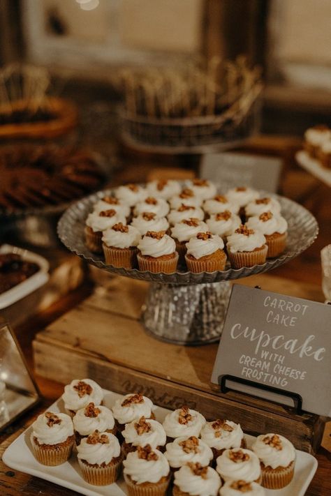 non-traditional wedding dessert ideas with carrot cake cupcakes Autumn Dessert Table, Carrot Cake Cupcakes Wedding, Carrot Cake Wedding Cakes, Wedding Carrot Cake, Carrot Cake Wedding, Carrot Wedding Cake, Tolkien Party, Vibey Wedding, Wedding Dessert Cupcakes