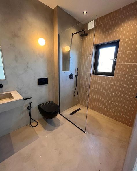 Microcement South East on Instagram: “MICROCEMENT | WETROOM Recently completed project in north London, microcement walls, floor and bespoke basin, combined with beautiful…” Microcement Bathroom With Tiles, Microcement Tiles Bathroom, Microcement And Tiles Bathroom, Microcement Shower Floor, Microcement And Tile Bathroom, Microcement Over Tiles, Microcement Wetroom, Microcement Bathroom, Microcement Walls