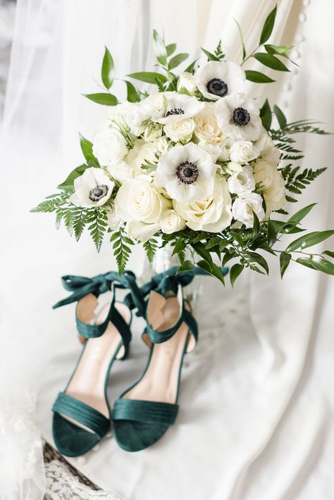 Anemone Bridal Bouquet, Emerald Green Heels, Embroidered White Dress, Best Of 2022, Emerald Green Prom Dress, Prom 2024, Emerald Green Dresses, Prom Flowers, Green Heels