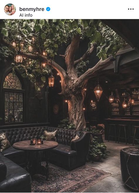 Black Restaurant Interior, Outdoor Speakeasy, Witchy Bookstore, Speakeasy Interior, Tea Shop Ideas, Gothic Cafe, Spooky Speakeasy, Modern Gothic Interior, Tea Store Design