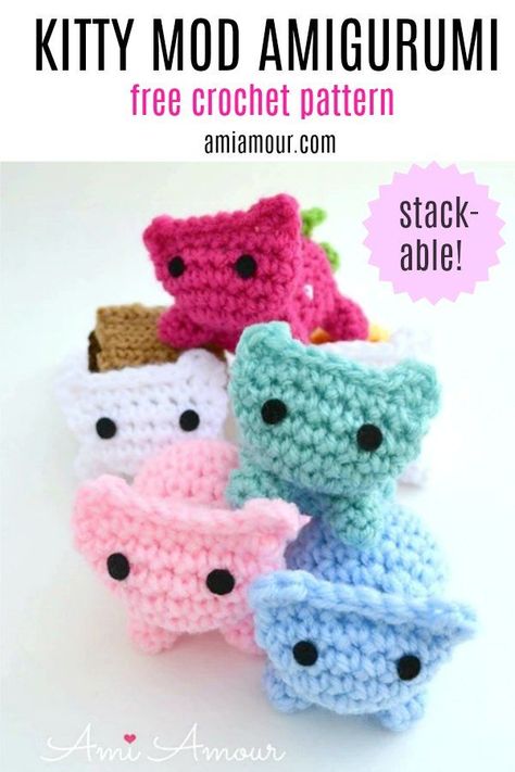 Cute Kitties to crochet and stack with this Free Amigurumi pattern! It's a purrfect delight! Design them in any color or give them personalities like a Strawberry Kitty or a S'mores Kitty!  #amigurumi #amigurumicat #freecrochetpatterns #crochet #amineko #easycrochet Crochet Aragarumi, Cat Amigurumi Pattern, Kitty Amigurumi, Crochet Critters, Cute Kitties, Scrap Yarn Crochet, Amigurumi For Beginners, Mini Amigurumi, Cute Amigurumi