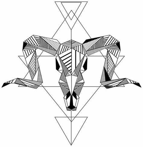 Geometric Aries Tattoo Aries Geometric Tattoo, Skull Art Simple, Archie Tattoo, Goat Skull Art, Tattoo Zodiac Signs, Goat Sketch, Tattoo Goat, Small Skull Tattoo, Geometric Animal Tattoo