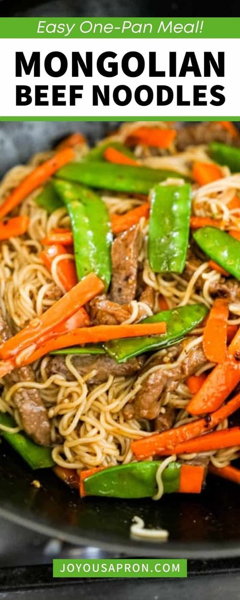 The classic tender and marinated Mongolian Beef stir fry is combined with ramen noodles, carrots, and snow peas to make this tasty one-skillet easy dinner! Mongolian Beef Noodles Recipe, Mongolian Beef Stir Fry, Mongolian Beef Noodles, Snow Peas Recipe, Beef Stir Fry Recipes, Beef Noodles, Asian Noodle Recipes, Asian Beef, Chinese Cooking Recipes