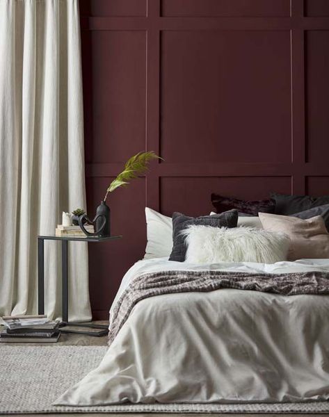 Merlot Bedroom Walls, Burgundy Master Bed, Dark Red Accent Wall Bedroom, Maroon Accent Wall Bedroom, Burgundy Bedroom Color Scheme, Deep Red Bedroom Ideas, Burgundy Bedroom Aesthetic, Grey And Maroon Bedroom, Dark Maroon Bedroom