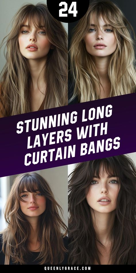 Discover your signature style among 24 fabulous long layered hairstyles enhanced by curtain bangs! These chic cuts merge the timeless appeal of lengthy locks with the modern flair of softly parted fringe. From beachy waves to sleek, straight looks, find the perfect style to enhance your natural beauty. Embrace a fresh, trendy aesthetic with these long layers and curtain bangs! Long Straight Hairstyles With Curtain Bangs, Fringe Curtain Bangs Straight Hair, Soft Fringe Long Hair, Layers For Long Hair Bangs, Heavy Layers Long Hair Curtain Bangs, Long Layers And Long Curtain Bangs, Curtain Bangs Medium Long Hair, Long Hair Curtain Bangs Straight, Curtain Bangs Long Wavy Hair