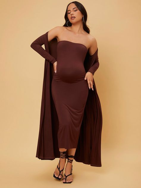 SHEIN Maternity Solid Tube Bodycon Dress & Open Front Coat Brown Maternity Dress, Vestidos Para Baby Shower, Comfortable Work Clothes, Tube Bodycon Dress, Womens Casual Suits, Maternity Work Wear, Fall Maternity Outfits, Maternity Dress Outfits, Maternity Photoshoot Outfits